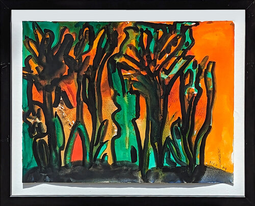 Modern Abstract Orange & Green Organic Shaped Watercolor Painting Dick Wray