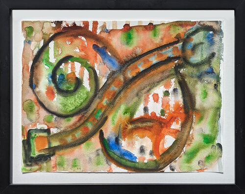 Modern Abstract Green, Blue, and Orange Toned Organic Shaped Watercolor Painting by Dick Wray, Painting for Sale on Singulart