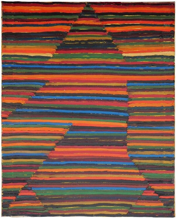 Modern Early Texas Rainbow Colored Abstract Linear Textured Oil Painting Dick Wray