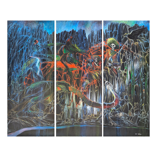 "Night Visions on the Rio Grande" Modern Dark Toned Abstract Figurative Triptych di Erik Sprohge, Pittura in vendita su Singulart