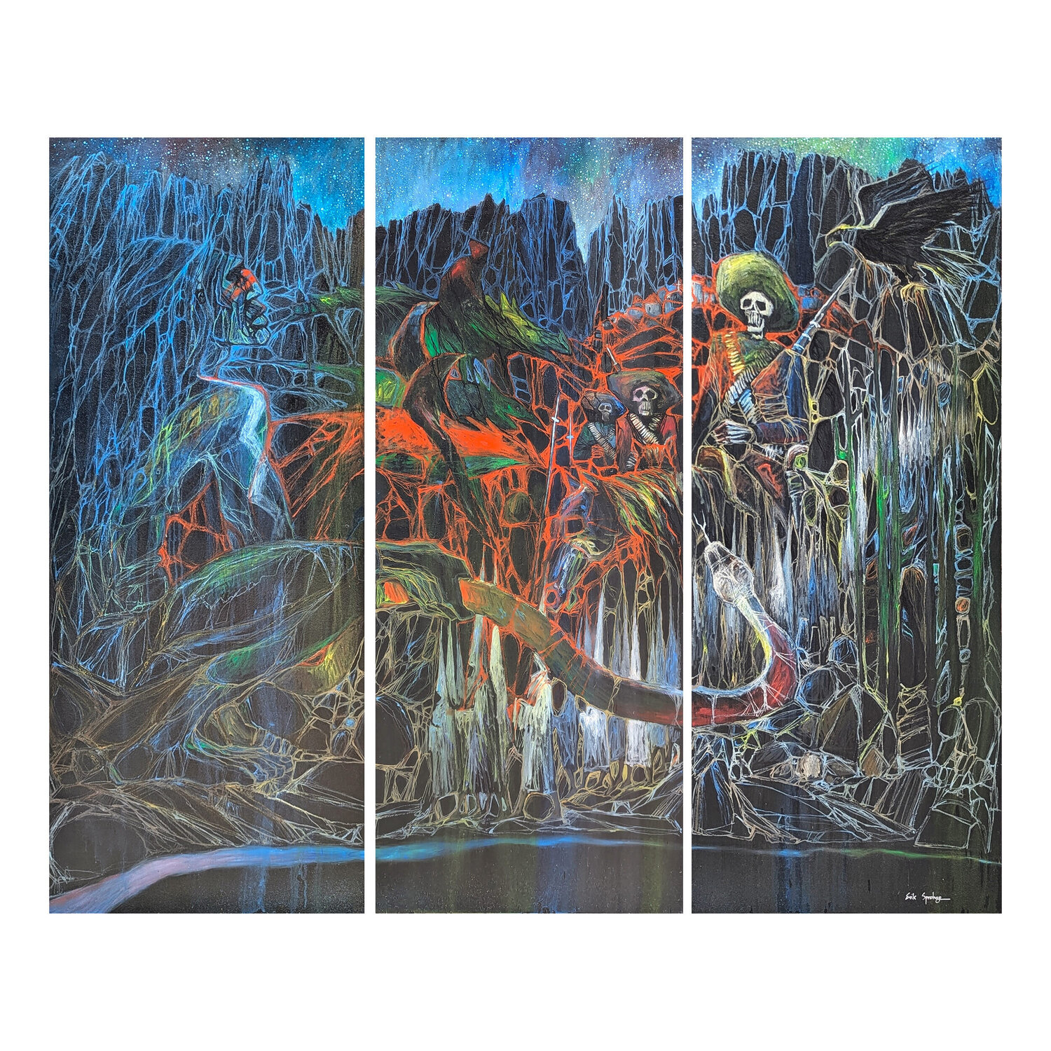 "Night Visions on the Rio Grande" Modern Dark Toned Abstract Figurative Triptych Erik Sprohge Dipinto originale in vendita