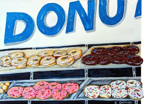 “DD's Doughnuts” Contemporary Colorful Mixed Media Food Collage Diane Gelman