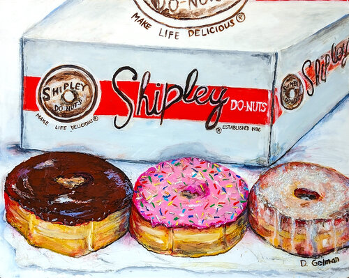 “Shipley's Do-Nuts” Contemporary Colorful Mixed Media Food Collage Diane Gelman