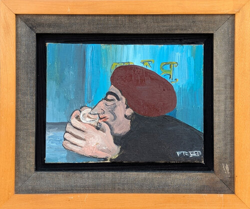 Early Modern Abstract Daily Life Scene of a Figure Sitting and Drinking at a Bar von Frank Freed, Malerei kaufen auf Singulart