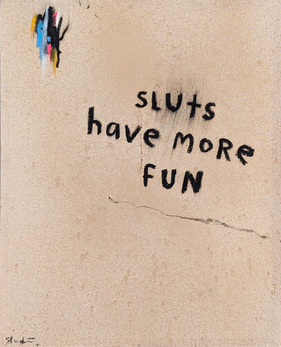 “Sluts Have More Fun” Abstract Contemporary Black & Tan Text Painting di Tra' Slaughter, Pittura in vendita su Singulart