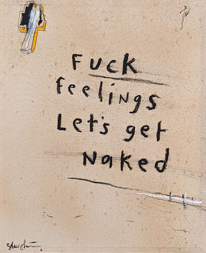 “Fuck Feelings” Abstract Contemporary Black & Tan Painting with Text di Tra' Slaughter, Pittura in vendita su Singulart