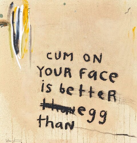 “Better Than Egg” Abstract Contemporary Black & Tan Text Painting Tra' Slaughter