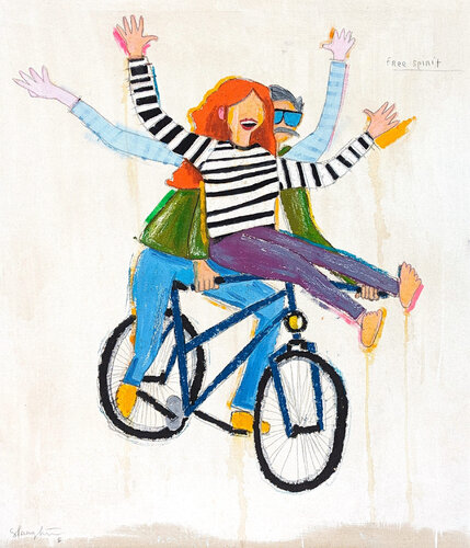 “Free Spirit” Abstract Contemporary Colorful Figurative Bicycling Painting di Tra' Slaughter, Pittura in vendita su Singulart