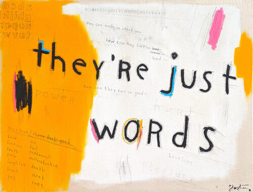 “They're Just Words” Abstract Contemporary Black & Yellow Painting with Text di Tra' Slaughter, Pittura in vendita su Singulart
