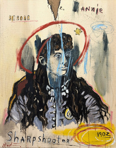 “Annie Oakley- 1902” Contemporary Figurative Cowboy Sharpshooter Painting di Tra' Slaughter, Pittura in vendita su Singulart