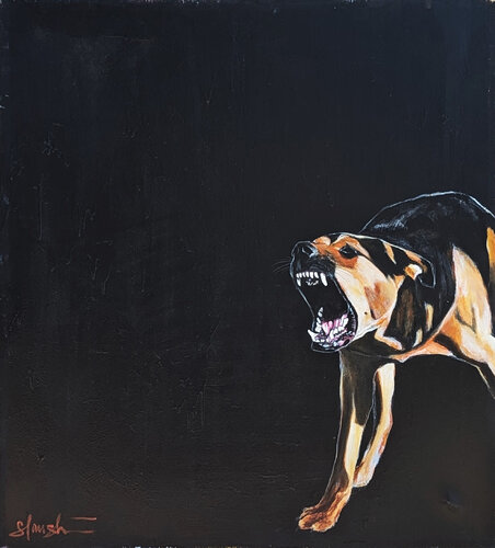 “Sleep Soundly, Child” Contemporary Abstract Realist Dog Painting Against Black di Tra' Slaughter, Pittura in vendita su Singulart