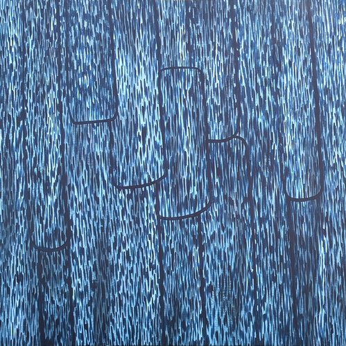 “Morning Mist at the Mill” Contemporary Blue Toned Wood Bark Abstract Painting di Tra' Slaughter, Pittura in vendita su Singulart