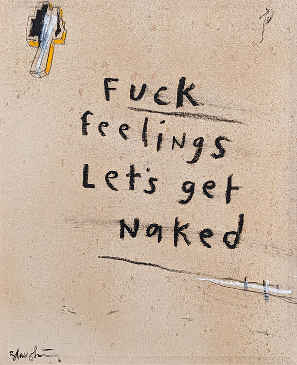 “Fuck Feelings” Abstract Contemporary Black & Tan Painting with Text Tra' Slaughter