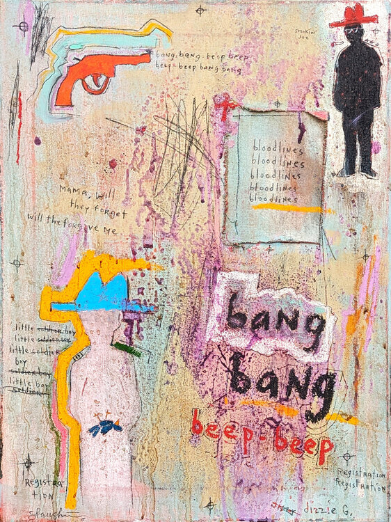 “Bang Bang, Beep Beep” Abstract Contemporary Figurative Cowboy Painting Tra' Slaughter