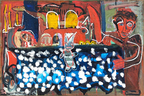 "Death of Marat" Contemporary Abstract Red and Blue Toned Figurative Painting van Tod Bailey, Schilderij te koop op Singulart