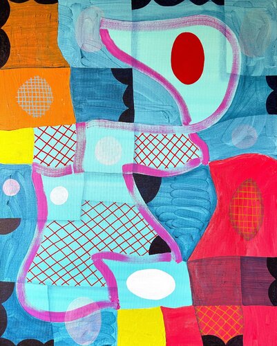 “Untitled (CVS276)” Contemporary Blue, Pink & Yellow Geometric Abstract Painting par Max Manning, Peinture en vente sur Singulart