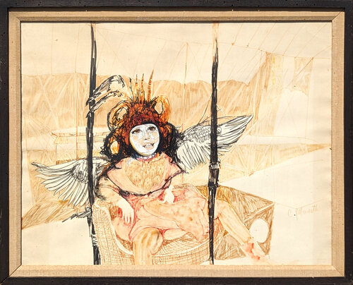Modern Abstract Neutral Tone Figurative Drawing of a Woman with Wings by Charles Dale Pebworth, Painting for Sale on Singulart