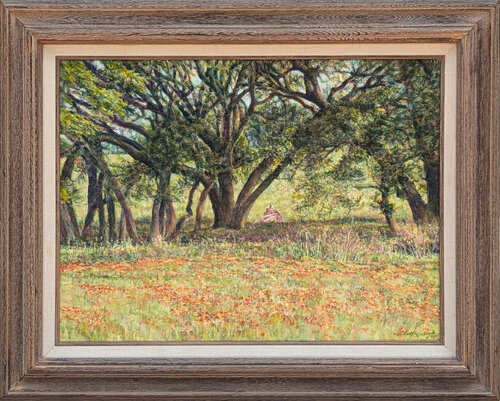 “Texas Oaks” Modern Pastoral Naturalistic Landscape of Trees & a Cow in a Field de Robert W. Boyle, Pintura a la venta en Singulart
