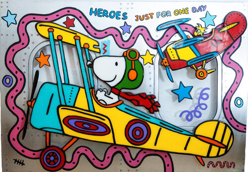 Snoopy, Woodstock, HEROES JUST FOR ONE DAY, Flugzeug Fenster by michael pfannschmidt, Painting for Sale on Singulart
