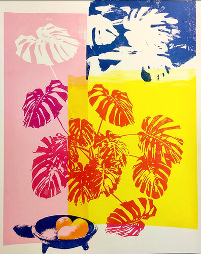 Monstera Deliciosa Pink And Yellow van Nathalie Kingdon, Afdruk te koop op Singulart