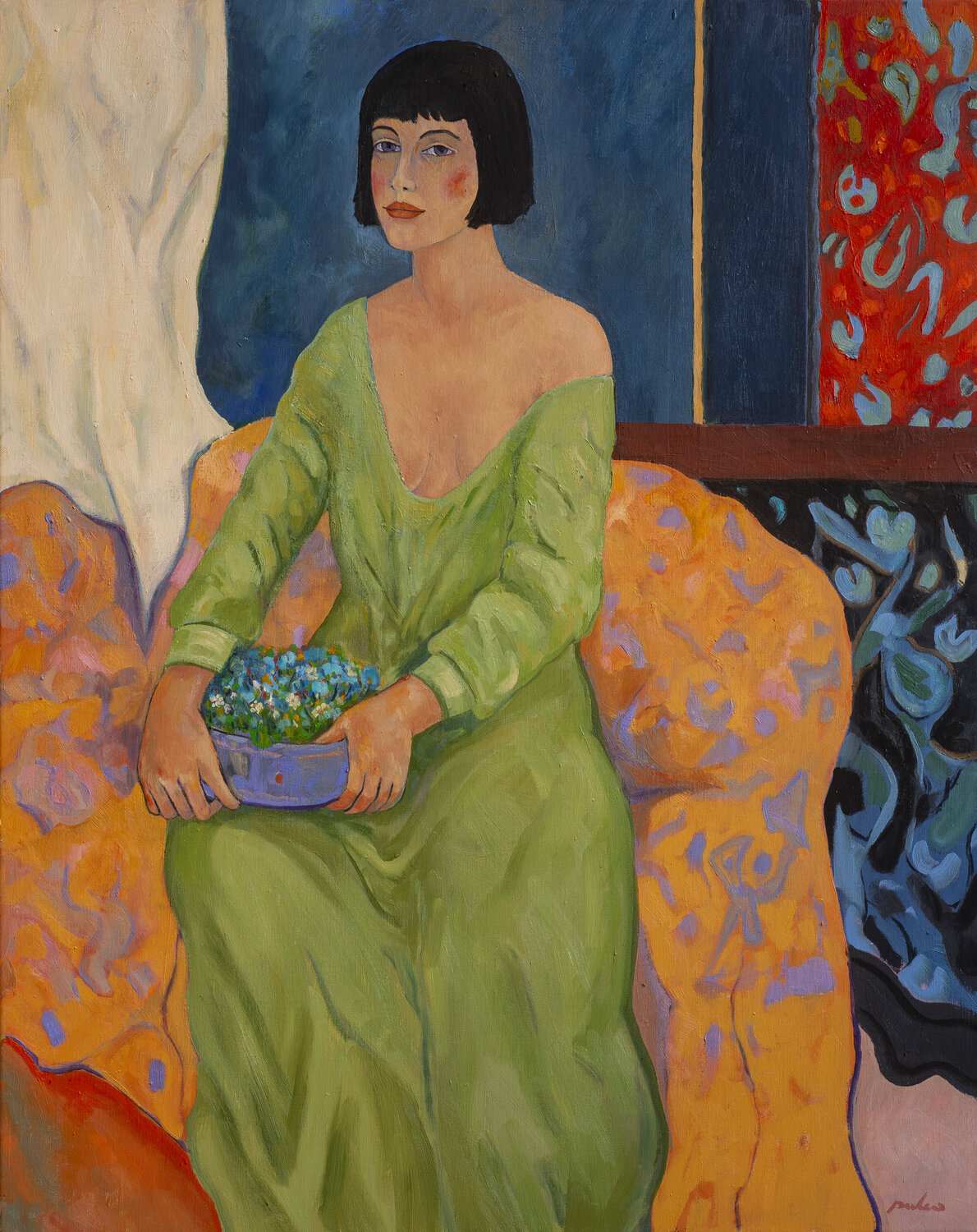 Figura con cesto di fiori Stefano Puleo Peinture originale à vendre