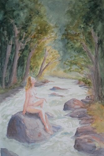 Naked woman enjoys the sun at the river von Magnus Lindblom, Malerei kaufen auf Singulart