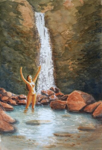 Naked woman enjoying nature near waterfall di Magnus Lindblom, Pittura in vendita su Singulart