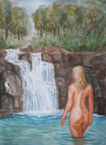 The Encounter - naked woman meets a Buzzard at a waterfall von Magnus Lindblom, Malerei kaufen auf Singulart