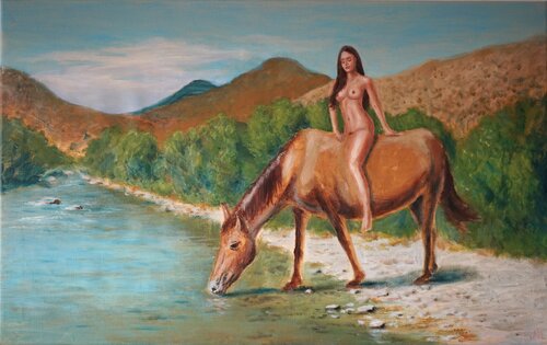 Naked woman on horse by the river von Magnus Lindblom, Malerei kaufen auf Singulart