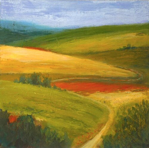 Over the hills - landscape in vibrant colours by Magnus Lindblom, Painting for Sale on Singulart