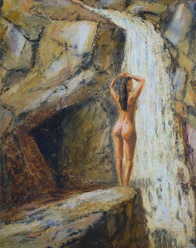 A New Day - naked woman enjoys the first sunlight near waterfall di Magnus Lindblom, Pittura in vendita su Singulart