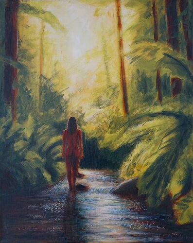 Walk in the creek - naked woman walking in nature di Magnus Lindblom, Pittura in vendita su Singulart