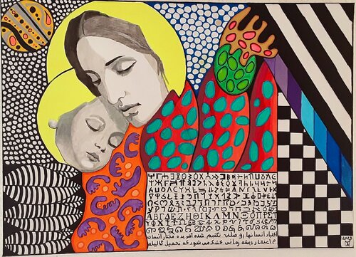Madonna  mit kind mit verschiedenen  Schriftarten,Ebreisch,Russisch,Griechisch,Arabisch,und unterschiedlichen  Symbole. von Angelo Marzullo, Malerei kaufen auf Singulart