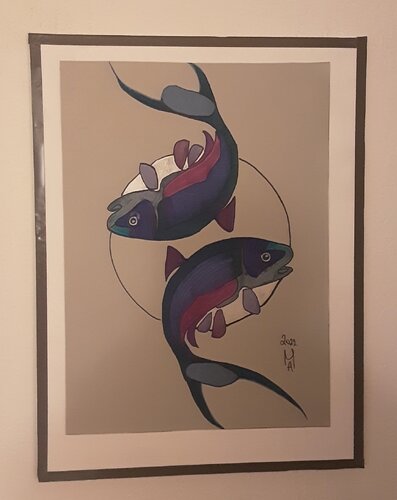 I due salmoni. by Angelo Marzullo, Painting for Sale on Singulart