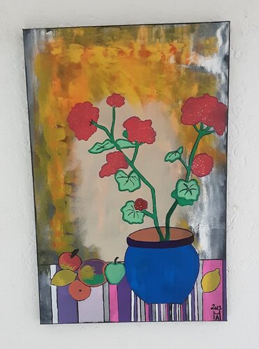 Geranien und Obst di Angelo Marzullo, Pittura in vendita su Singulart
