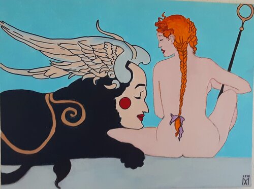 Die dame an Empfang von Herr Minotaurus  version in blau von Angelo Marzullo, Malerei kaufen auf Singulart