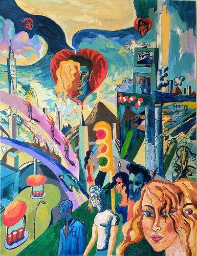 Corazónes partidos sobrevolando la ciudad by Victor Collcardenas, Painting for Sale on Singulart