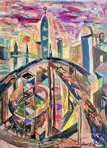 Ciudad con cielo violeta von Victor Collcardenas, Malerei kaufen auf Singulart