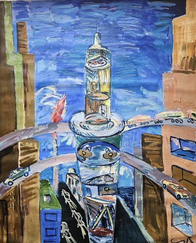 Amantes en un penthouse by Victor Collcardenas, Painting for Sale on Singulart
