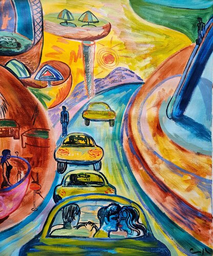 Pareja en un taxi by Victor Collcardenas, Painting for Sale on Singulart