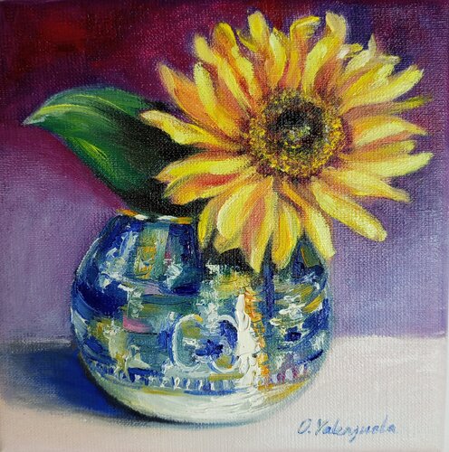 Sonnenblume im Winterblau van Olga Valenzuela, Schilderij te koop op Singulart