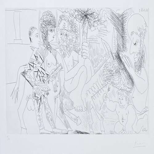 Pablo Picasso ( 1881 – 1973 ) – Groupe avec vieillard à la torche sur un âne amoureux, femme et arlequin (Ref: Bloch 1484 ) - 1968 von Pablo Picasso, Druck kaufen auf Singulart