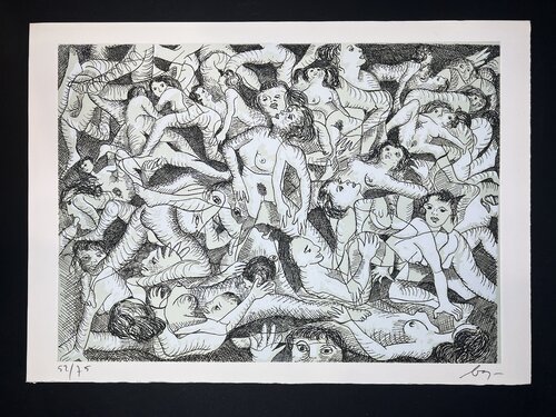 Enrico Baj (1924 – 2003) – SADE IN ITALY -  complete folder with 8 erotic etchings - 1976 di Enrico Baj, Stampa in vendita su Singulart