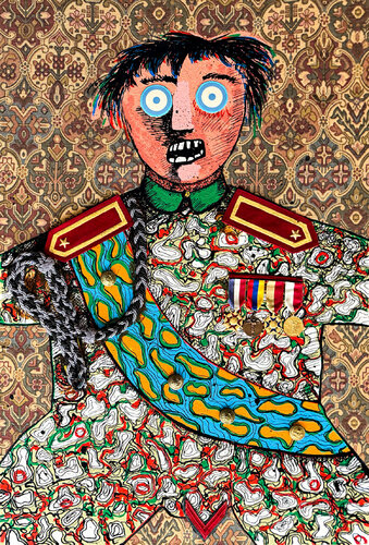 Enrico Baj ( 1924 – 2003 ) – Le stratége militaire Sahuguet d'Amarzit d'Espagnac – Mixed media with passamentrie and collage on brocade with originals medals and pins - 1971 van Enrico Baj, Andere media te koop op Singulart
