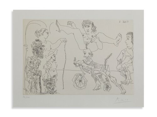 Pablo Picasso (1881–1973) – DA LE COCU MAQUIFIQUE: FEMME EQUILIBRISTE ENLEVEE PAR UN VIEILLARD BARBU A BICYCLETTE DEVANT LE COCU ET DES SPECTATEURS – Etching on paper – 1968 di Pablo Picasso, Stampa in vendita su Singulart