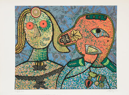 Enrico baj (1924–2003) – Il Generale Amin Dada e una delle sue mogli - Mixed media - 1973 van Enrico Baj, Afdruk te koop op Singulart