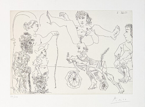 Pablo Picasso (1881–1973) - Da Le Cocu Maquifique: Femme equilib­riste enlevee par un vieillard barbu a bicyclette devant le cocu et des spectateurs - Etching on paper - 1968 by Pablo Picasso, Print for Sale on Singulart
