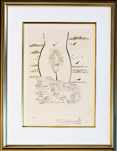 Salvador Dalí (1904–1989)- A l'Éternelle madame (To the Eternal Madame) - Drypoint, etching hand coloured and gilded on Arches paper - 1974 par Salvador Dalí, Édition en vente sur Singulart