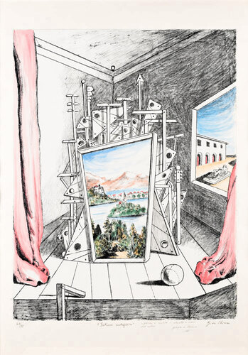 Giorgio De Chirico (1888–1978) - Interno Metafisico - Watercolor on a lithographic base - 1969 de Giorgio de Chirico, Impresión a la venta en Singulart