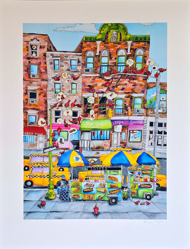Food Carts (Cityscape, Iconic, James Rizzi, Fun, Vibrant) by Linnea Pergola, Print for Sale on Singulart